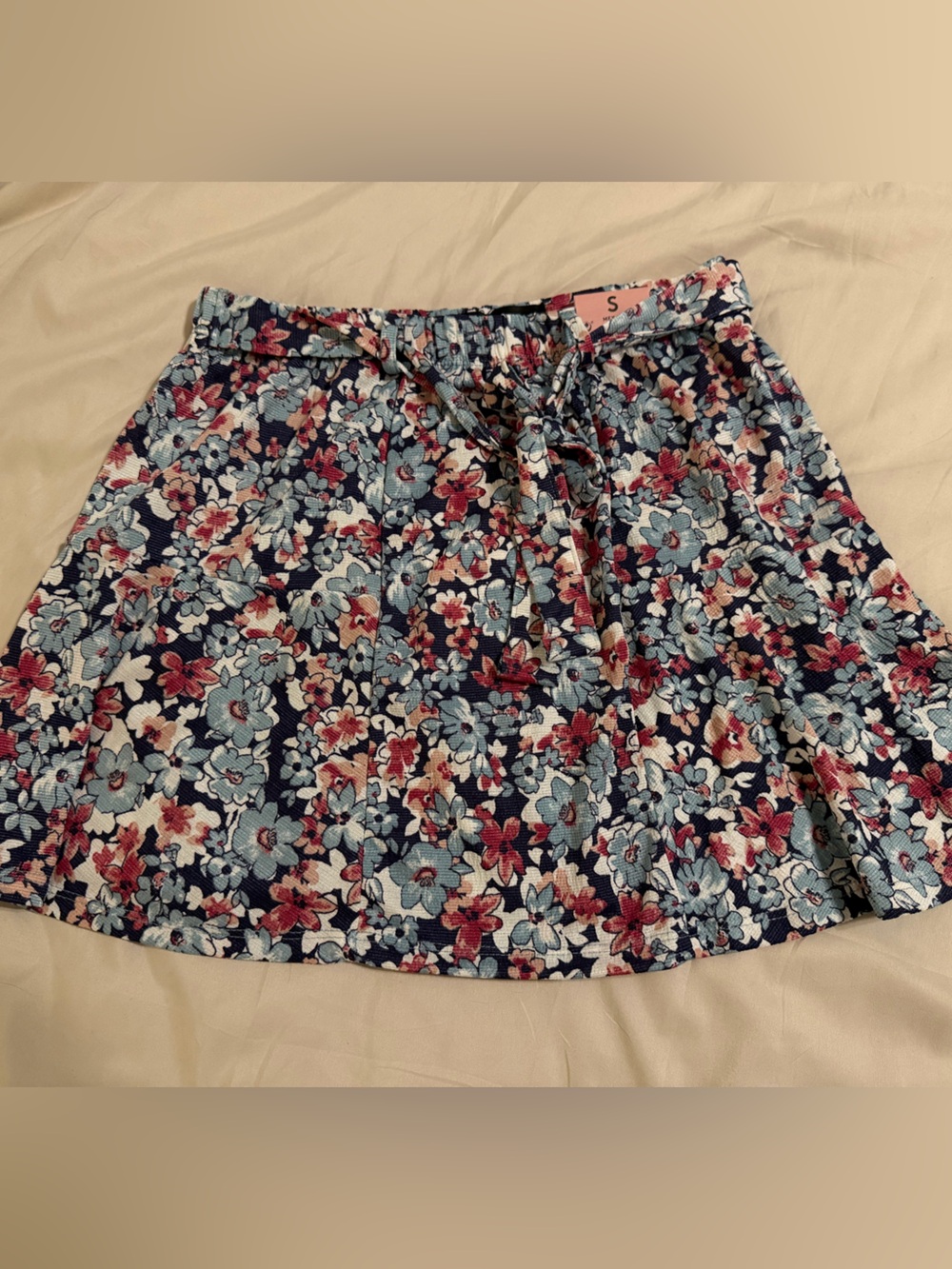 Floral Drawstring Skirt — Navy with Blue & Pink Flowers